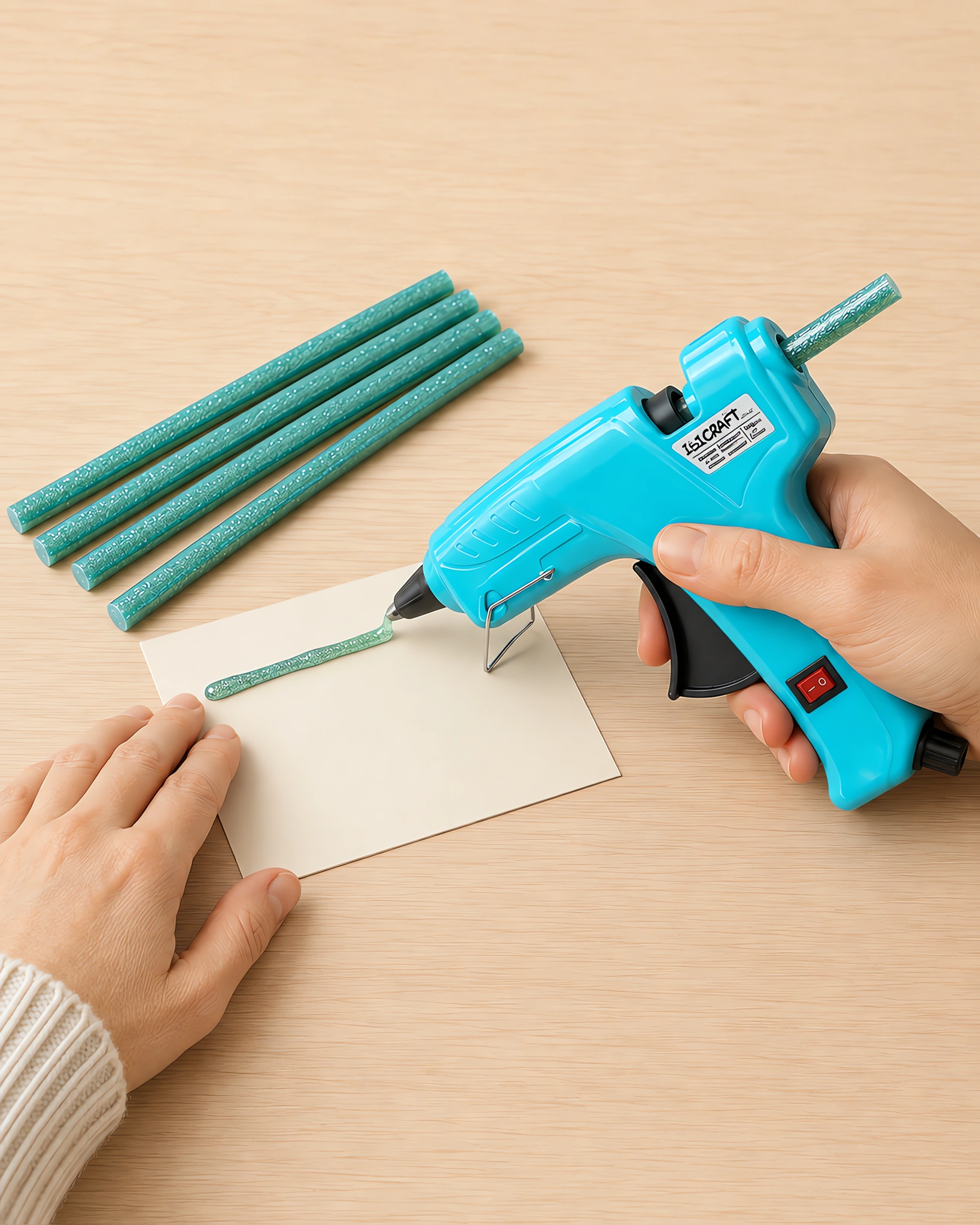 Manos aplicando silicona glitter verde con la pistola encoladora sobre una cartulina, con las barras al lado