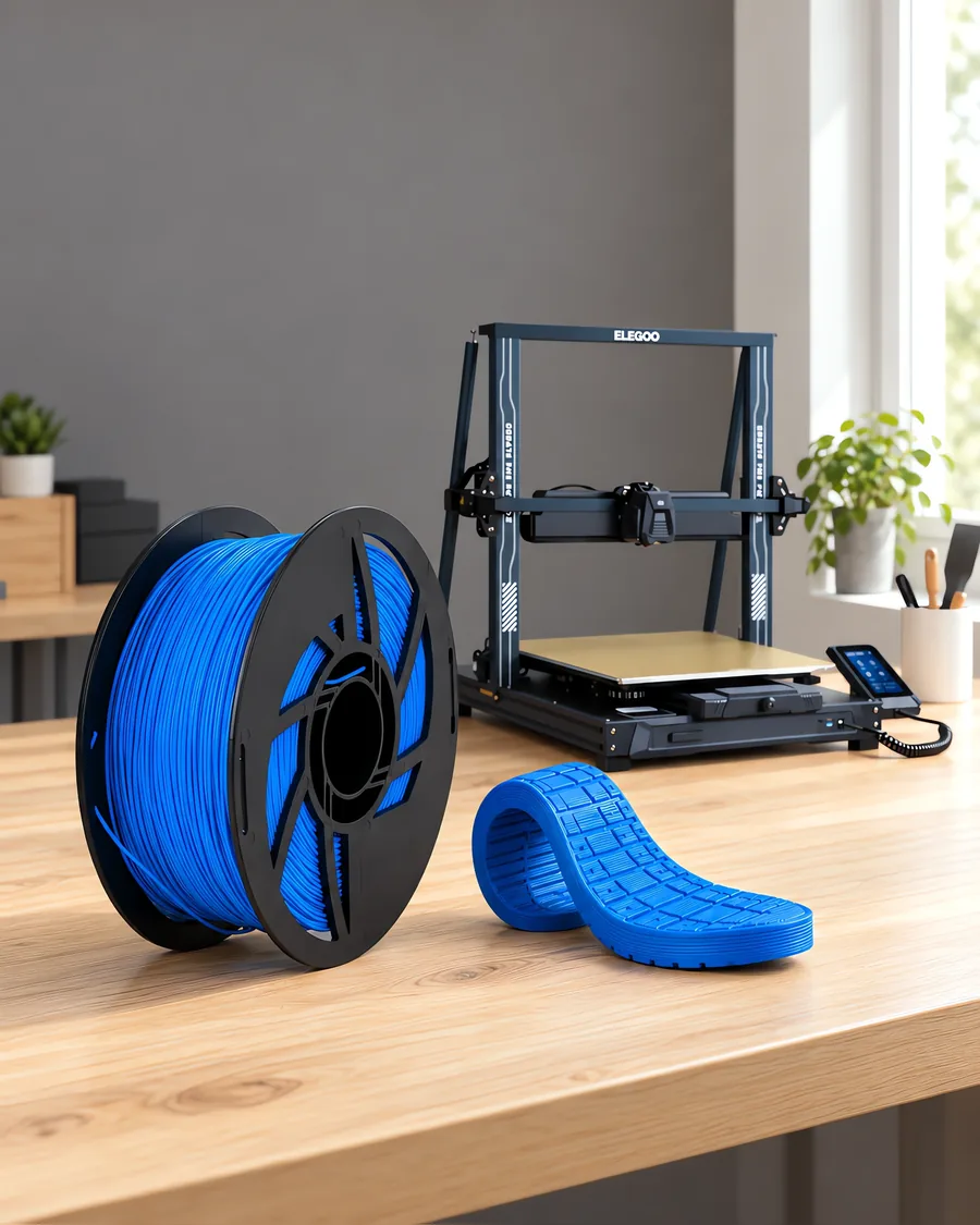 Carretel de filamento filamento flexible celeste sobre una mesa de roble claro, con una impresora 3D detrás y una suela impresa en el mismo color al lado.