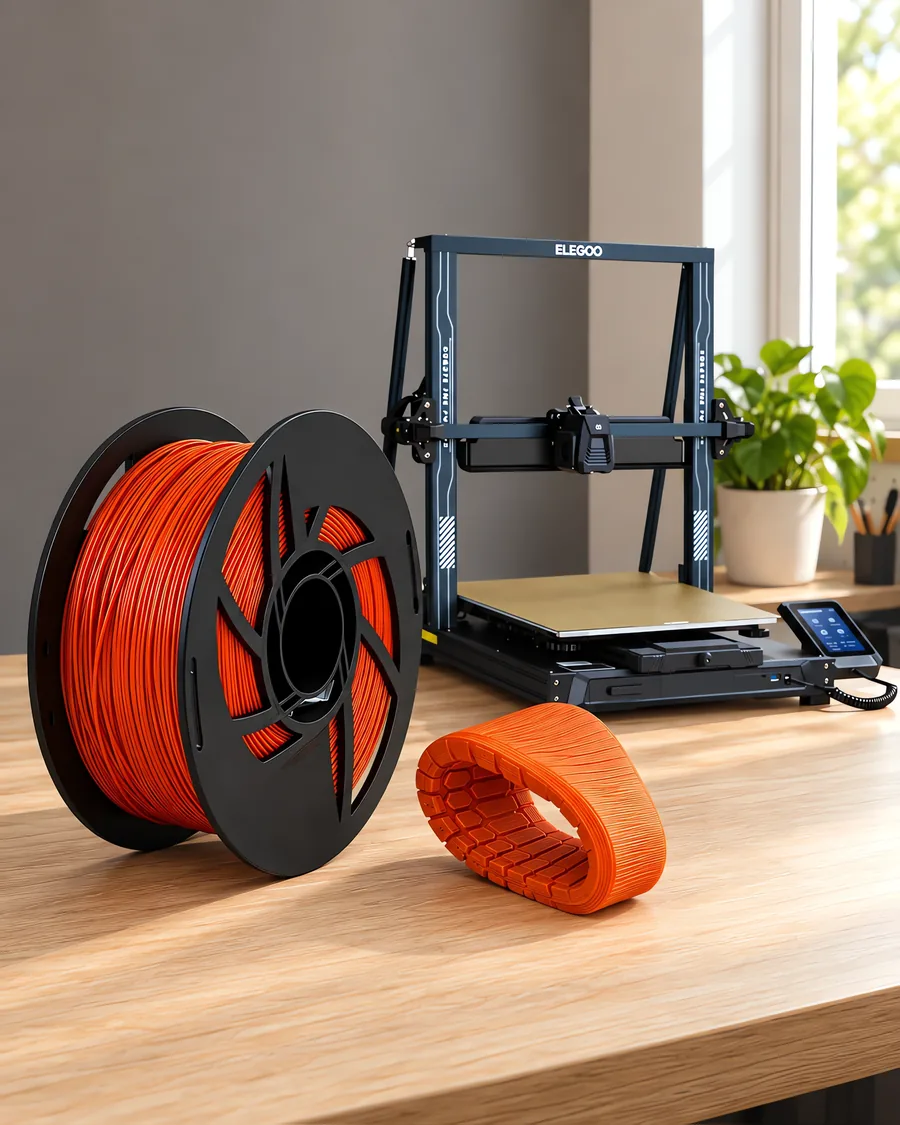 Carretel de filamento filamento flexible naranja sobre una mesa de roble claro, con una impresora 3D detrás y una suela impresa en el mismo color al lado.