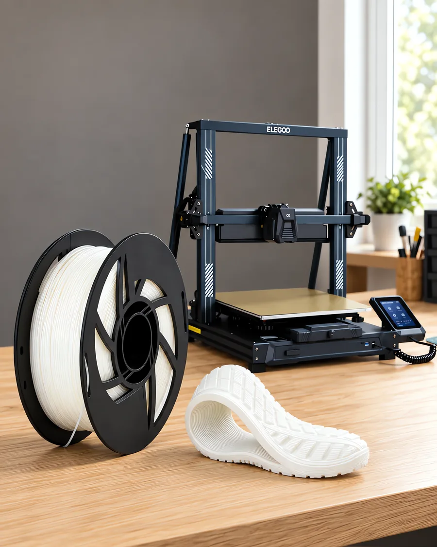 Carretel de filamento filamento flexible natural sobre una mesa de roble claro, con una impresora 3D detrás y una suela impresa en el mismo color al lado.