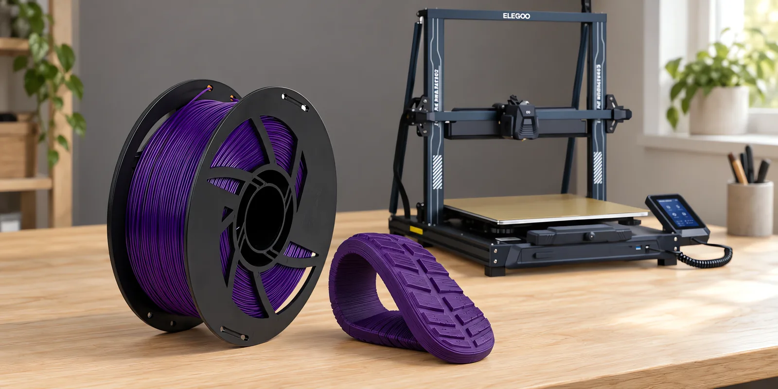 Carretel de filamento filamento flexible nova sobre una mesa de roble claro, con una impresora 3D detrás y una suela impresa en el mismo color al lado.
