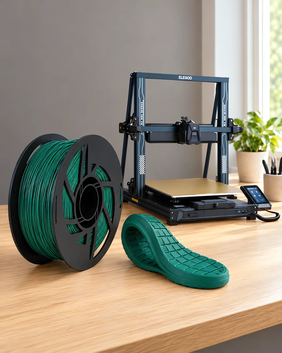 Carretel de filamento filamento flexible verde sobre una mesa de roble claro, con una impresora 3D detrás y una suela impresa en el mismo color al lado.