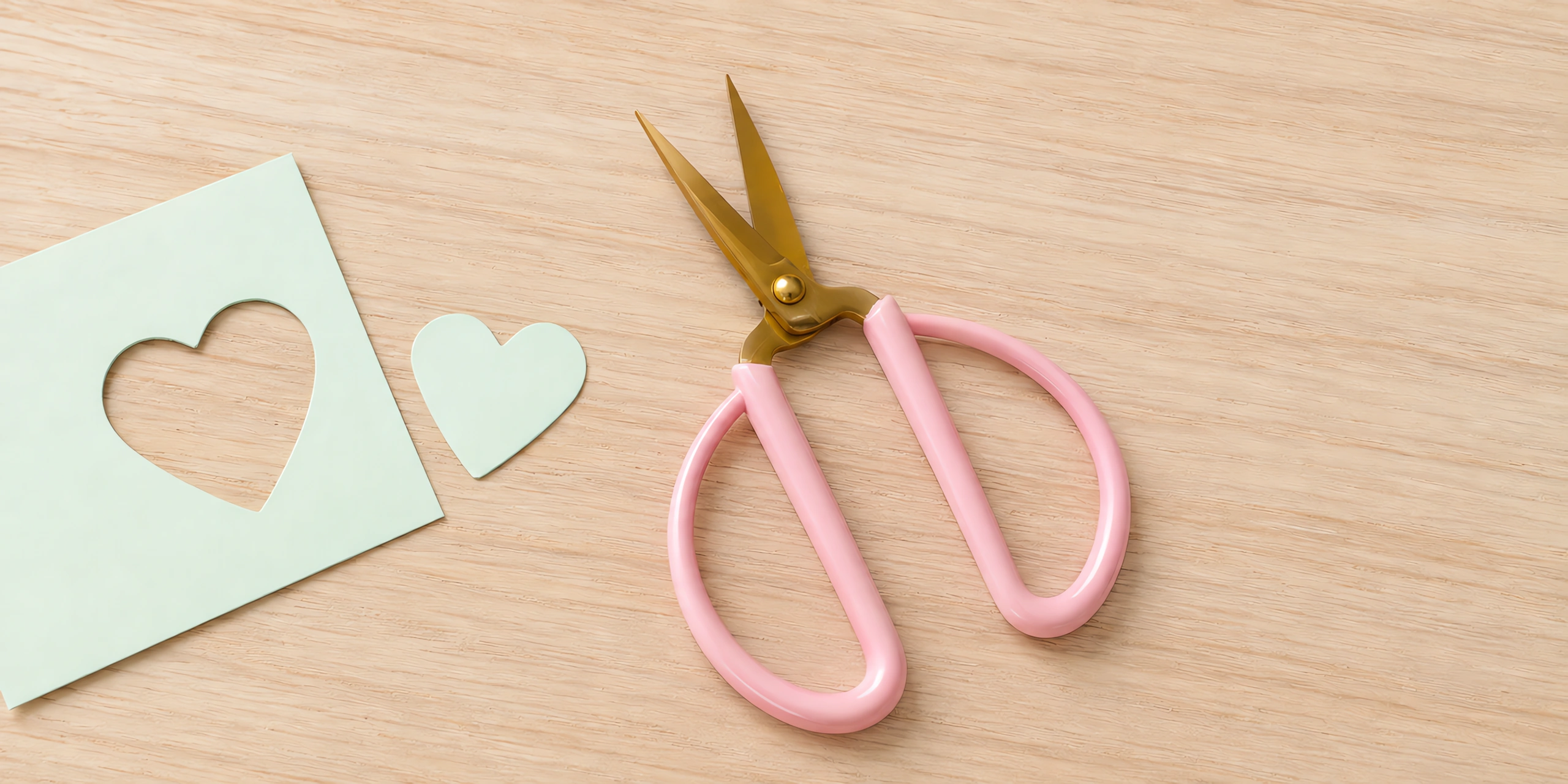Tijera de precisión rosa de 15 cm sobre la mesa, con un corazón recortado al lado