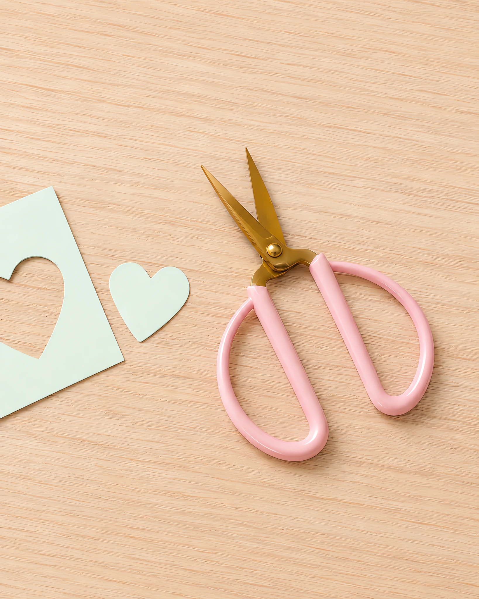 Tijera de precisión rosa de 15 cm sobre la mesa, con un corazón recortado al lado