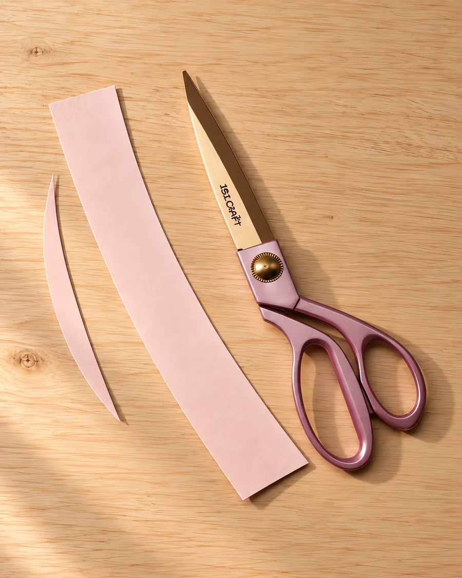 Tijera de precisión tornasolada de 20 cm sobre la mesa, con un corte curvo de cartulina al lado