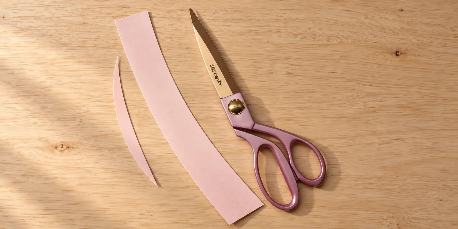 Tijera de precisión tornasolada de 20 cm sobre la mesa, con un corte curvo de cartulina al lado
