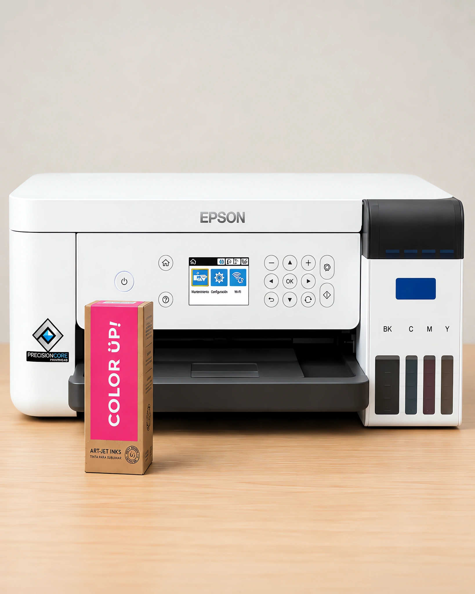 Tinta para sublimar, Epson serie F en su envase magenta, sobre la mesa de trabajo, con la impresora que la usa detrás