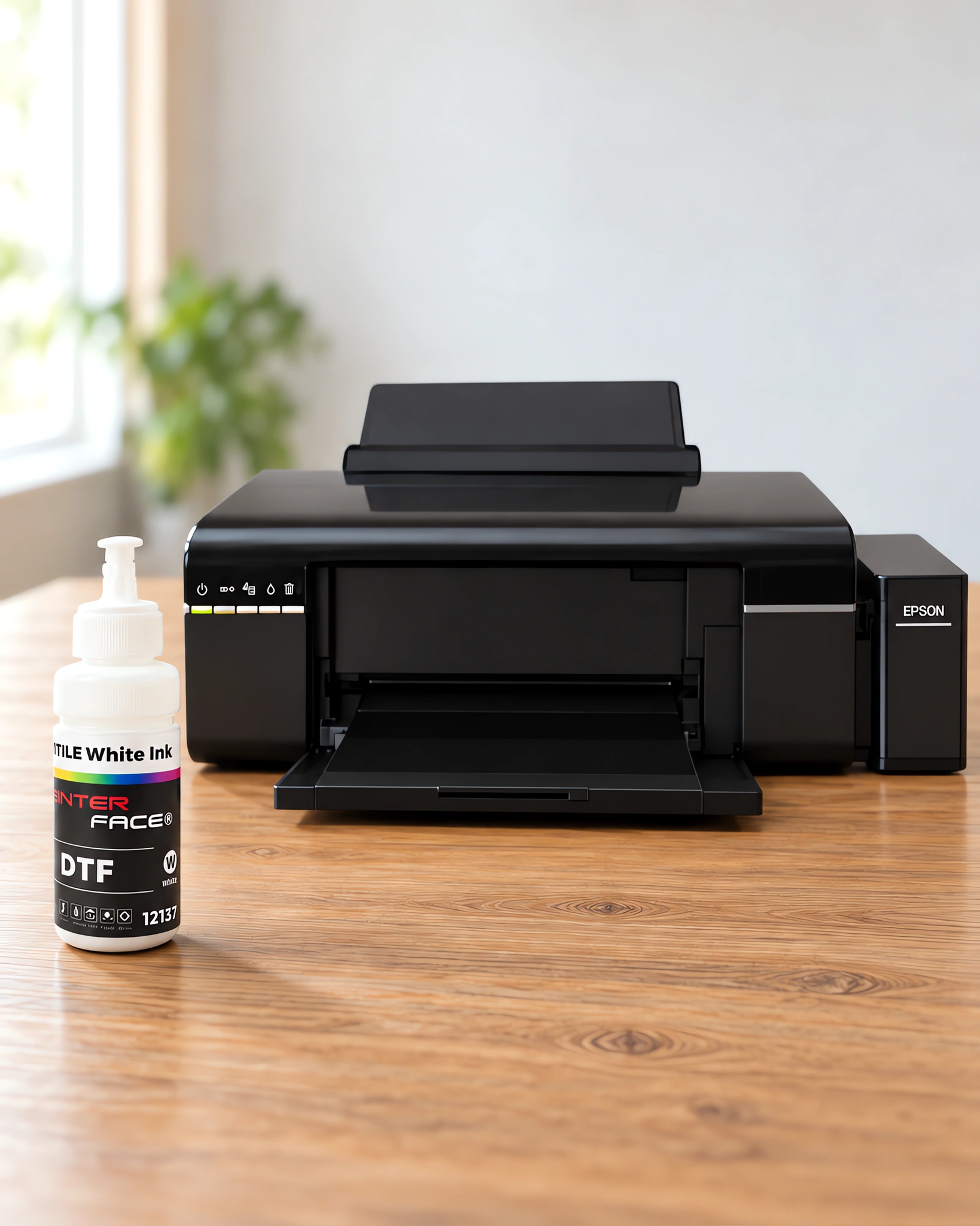 Botella de tinta textil para DTF {COLOR}, con la impresora que la usa detrás