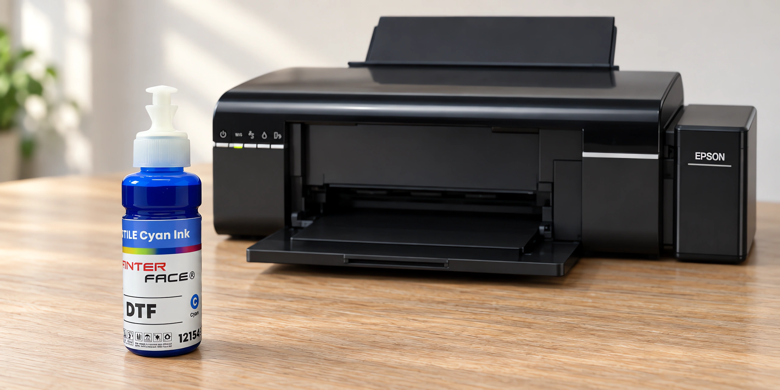Botella de tinta textil para DTF {COLOR}, con la impresora que la usa detrás