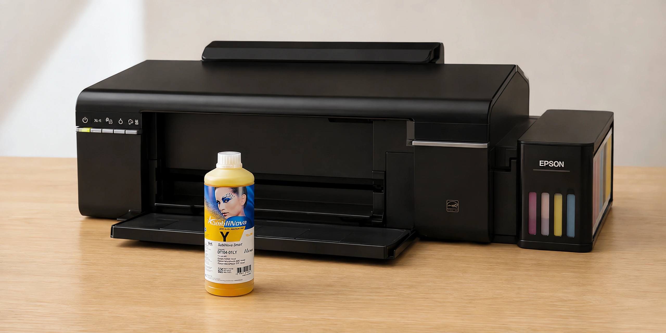 Tinta para sublimar Inktec, Epson serie L en su envase amarillo, sobre la mesa de trabajo, con la impresora que la usa detrás