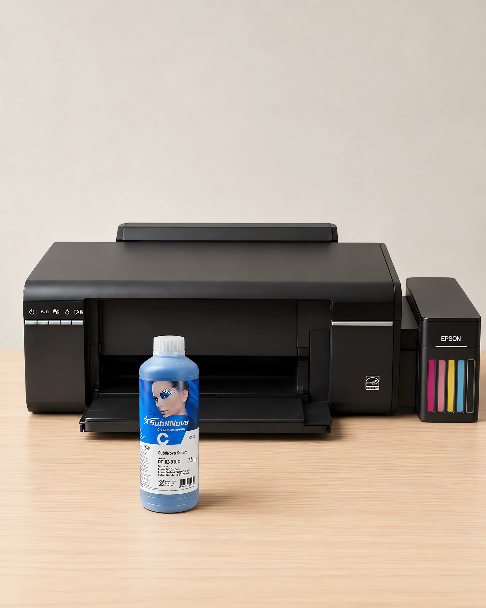 Tinta para sublimar Inktec, Epson serie L en su envase cyan, sobre la mesa de trabajo, con la impresora que la usa detrás