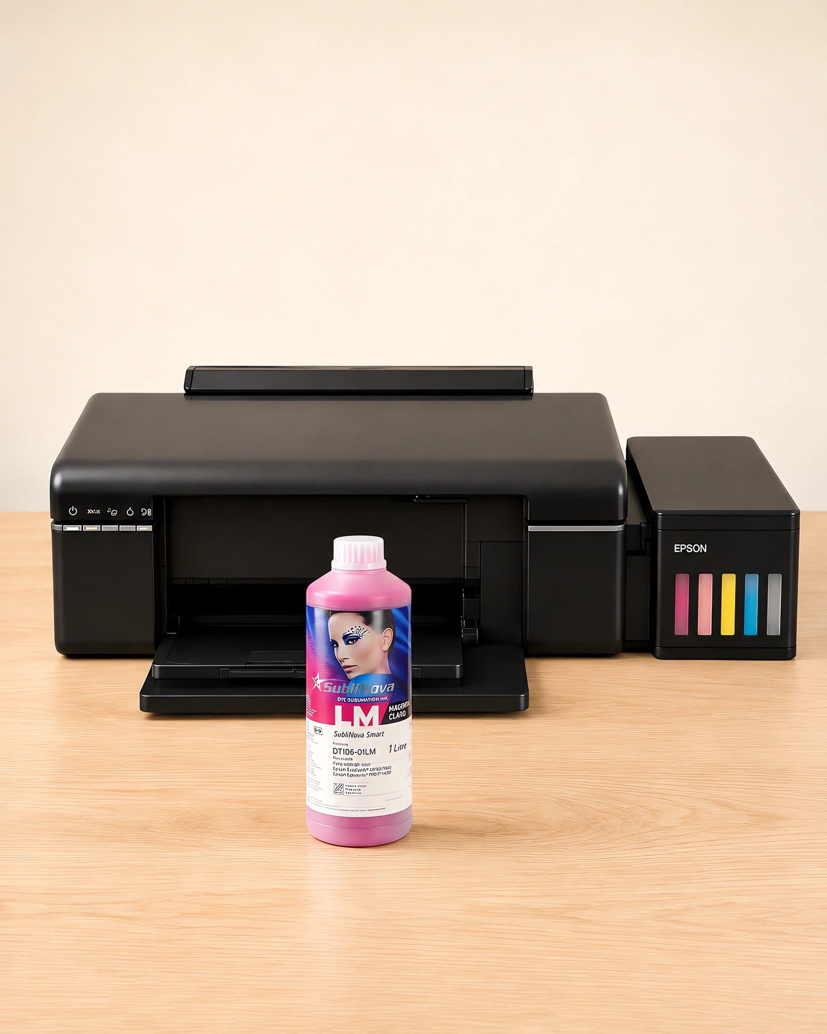 Tinta para sublimar Inktec, Epson serie L en su envase magenta claro, sobre la mesa de trabajo, con la impresora que la usa detrás