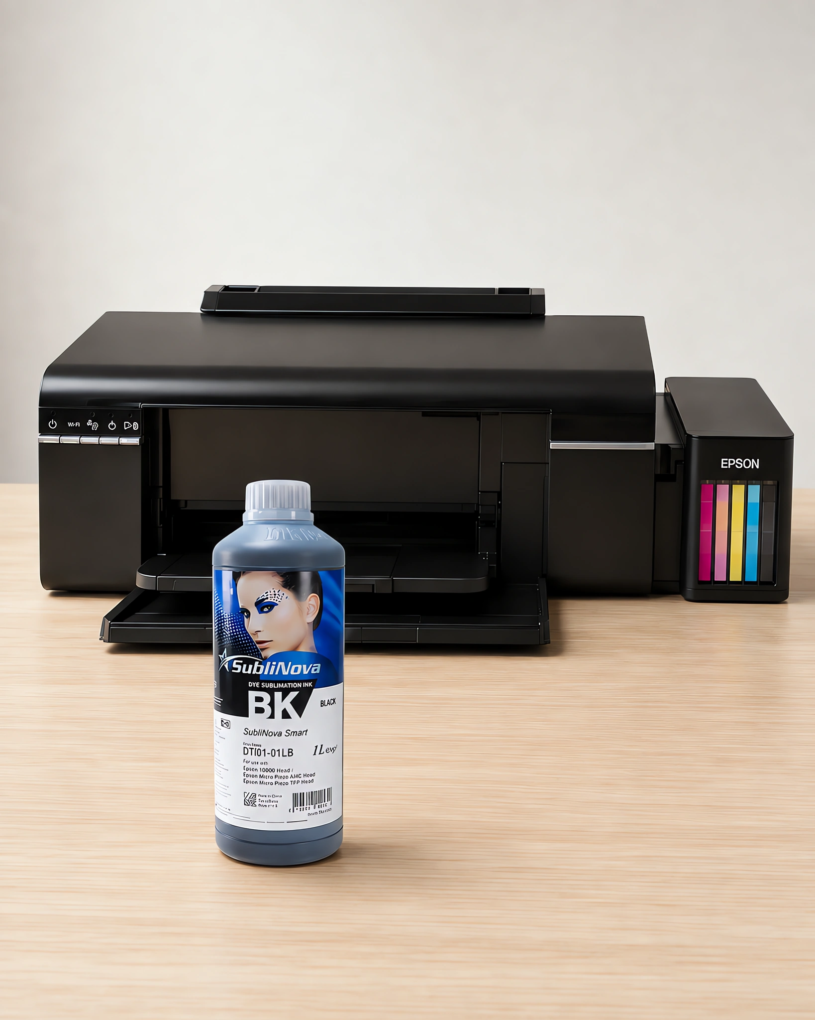 Tinta para sublimar Inktec, Epson serie L en su envase negro, sobre la mesa de trabajo, con la impresora que la usa detrás