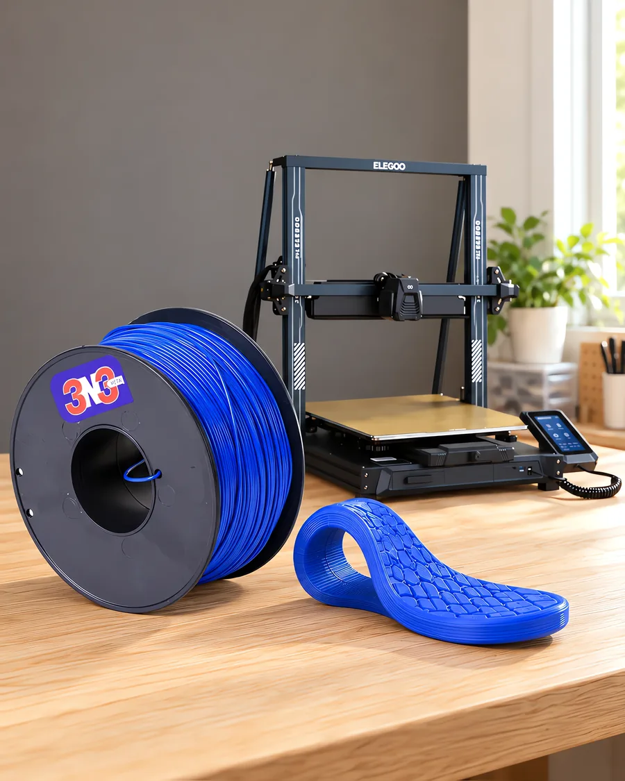 Carretel de filamento filamento flexible azul sobre una mesa de roble claro, con una impresora 3D detrás y una suela impresa en el mismo color al lado.