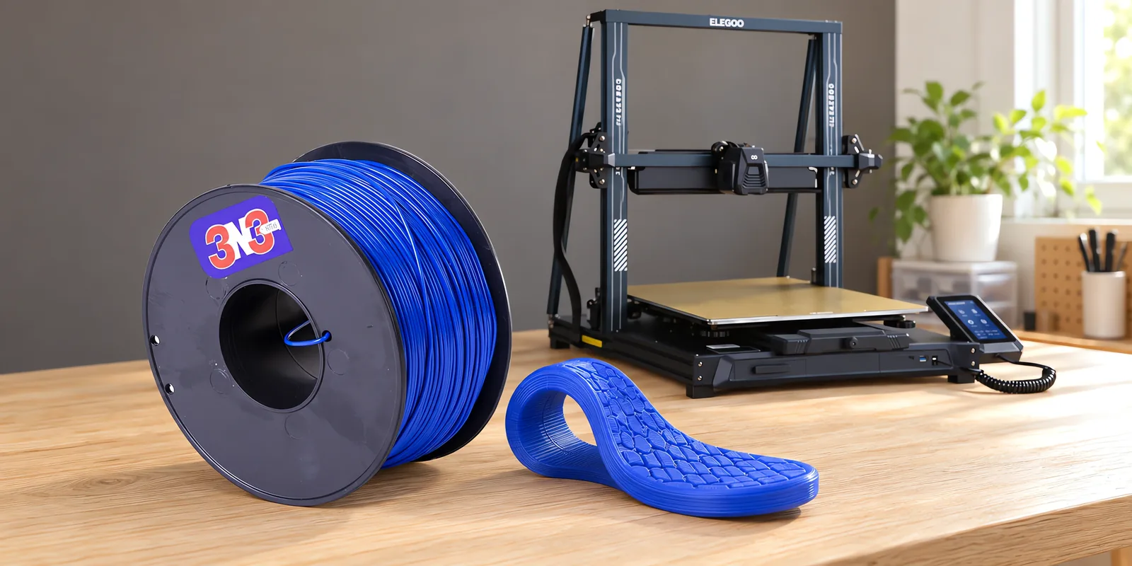 Carretel de filamento filamento flexible azul sobre una mesa de roble claro, con una impresora 3D detrás y una suela impresa en el mismo color al lado.