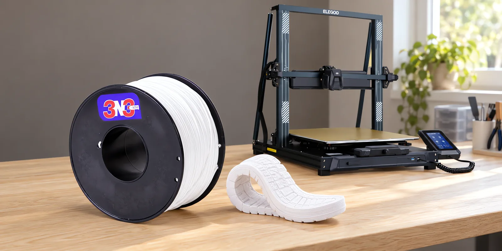 Carretel de filamento filamento flexible blanco sobre una mesa de roble claro, con una impresora 3D detrás y una suela impresa en el mismo color al lado.