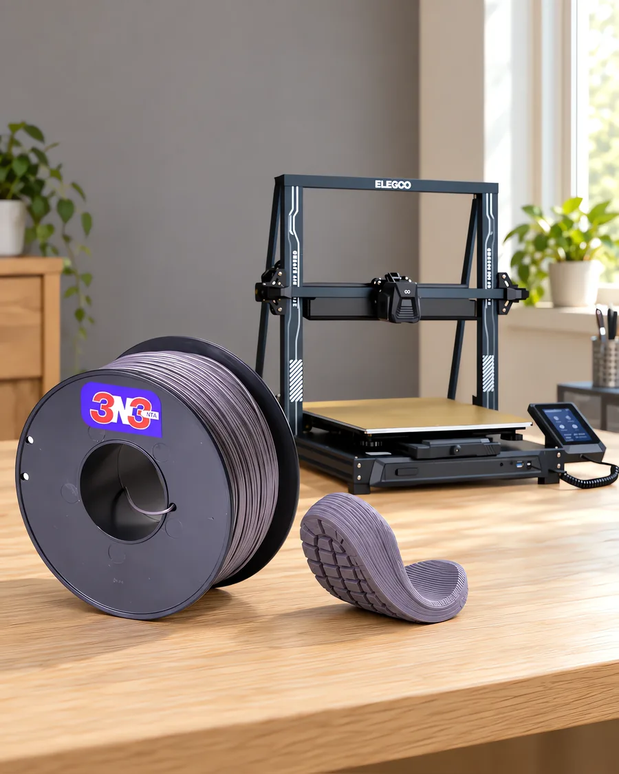 Carretel de filamento filamento flexible gris plomo sobre una mesa de roble claro, con una impresora 3D detrás y una suela impresa en el mismo color al lado.