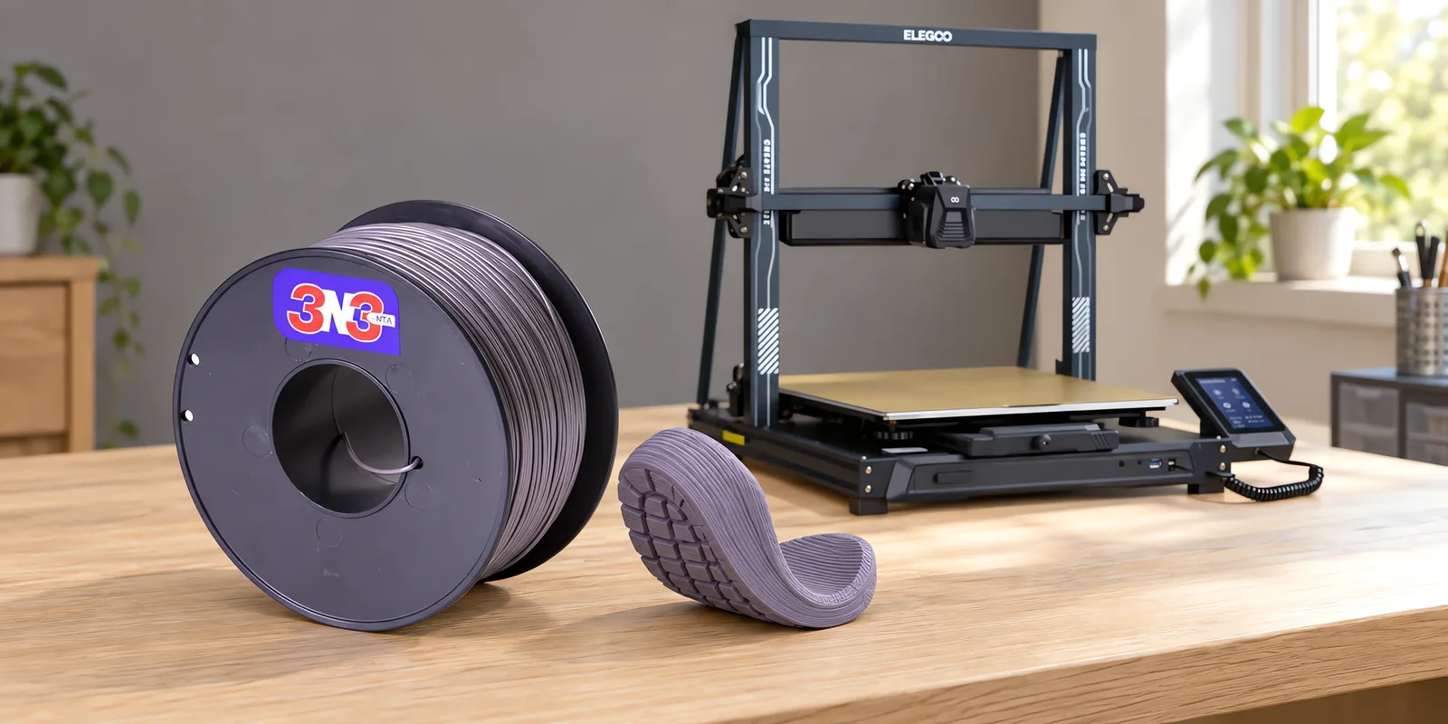 Carretel de filamento filamento flexible gris plomo sobre una mesa de roble claro, con una impresora 3D detrás y una suela impresa en el mismo color al lado.