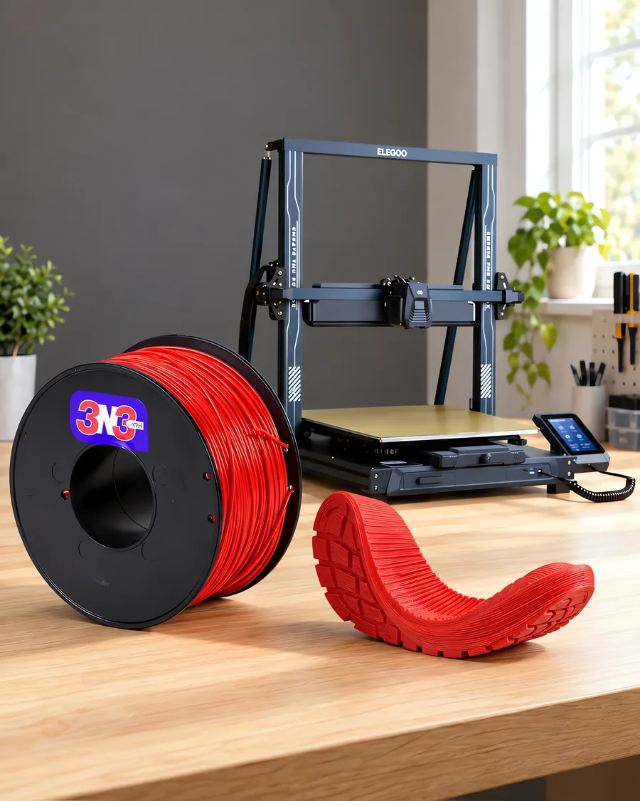 Carretel de filamento filamento flexible rojo sobre una mesa de roble claro, con una impresora 3D detrás y una suela impresa en el mismo color al lado.