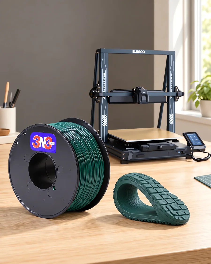 Carretel de filamento filamento flexible verde sobre una mesa de roble claro, con una impresora 3D detrás y una suela impresa en el mismo color al lado.