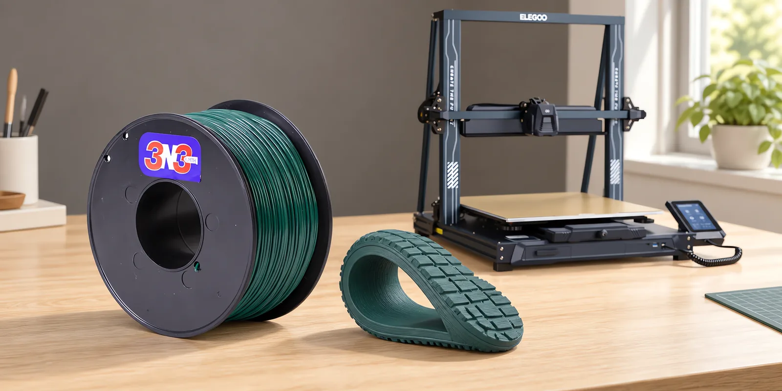 Carretel de filamento filamento flexible verde sobre una mesa de roble claro, con una impresora 3D detrás y una suela impresa en el mismo color al lado.