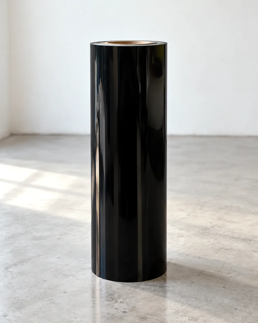 Rollo de vinilo negro techo super glossy, parado en el taller