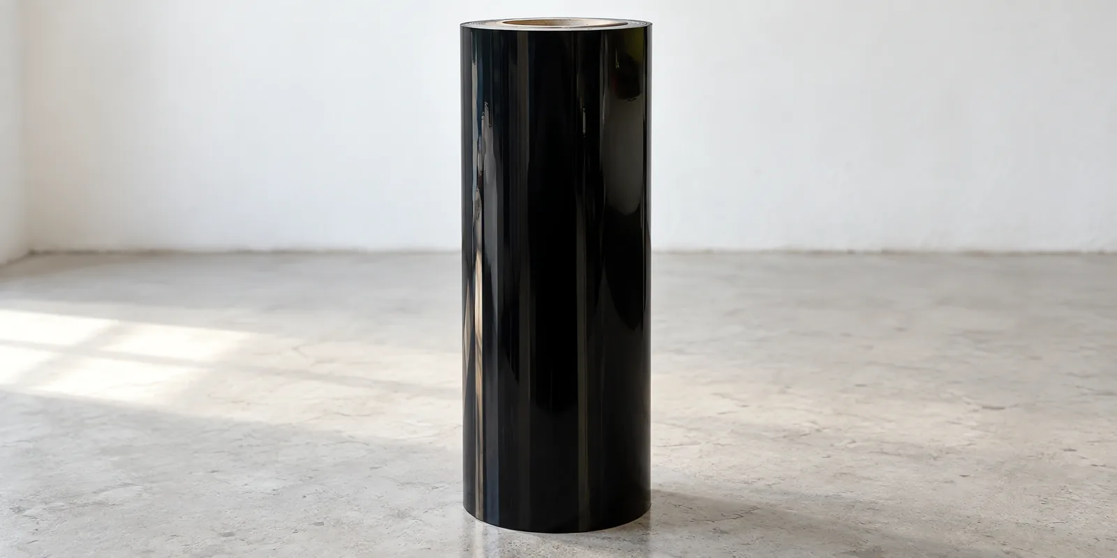 Rollo de vinilo negro techo super glossy, parado en el taller
