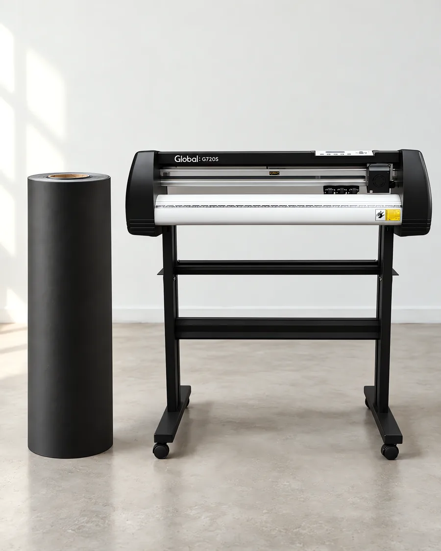 Rollo de vinilo negro arrugado para parantes, parado junto al plóter de corte