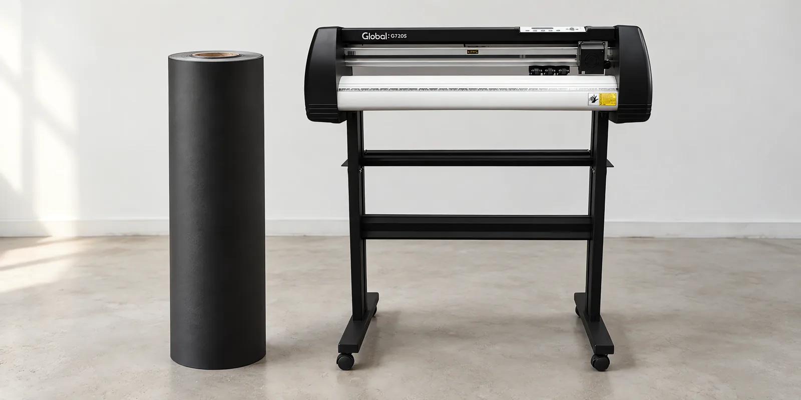 Rollo de vinilo negro arrugado para parantes, parado junto al plóter de corte