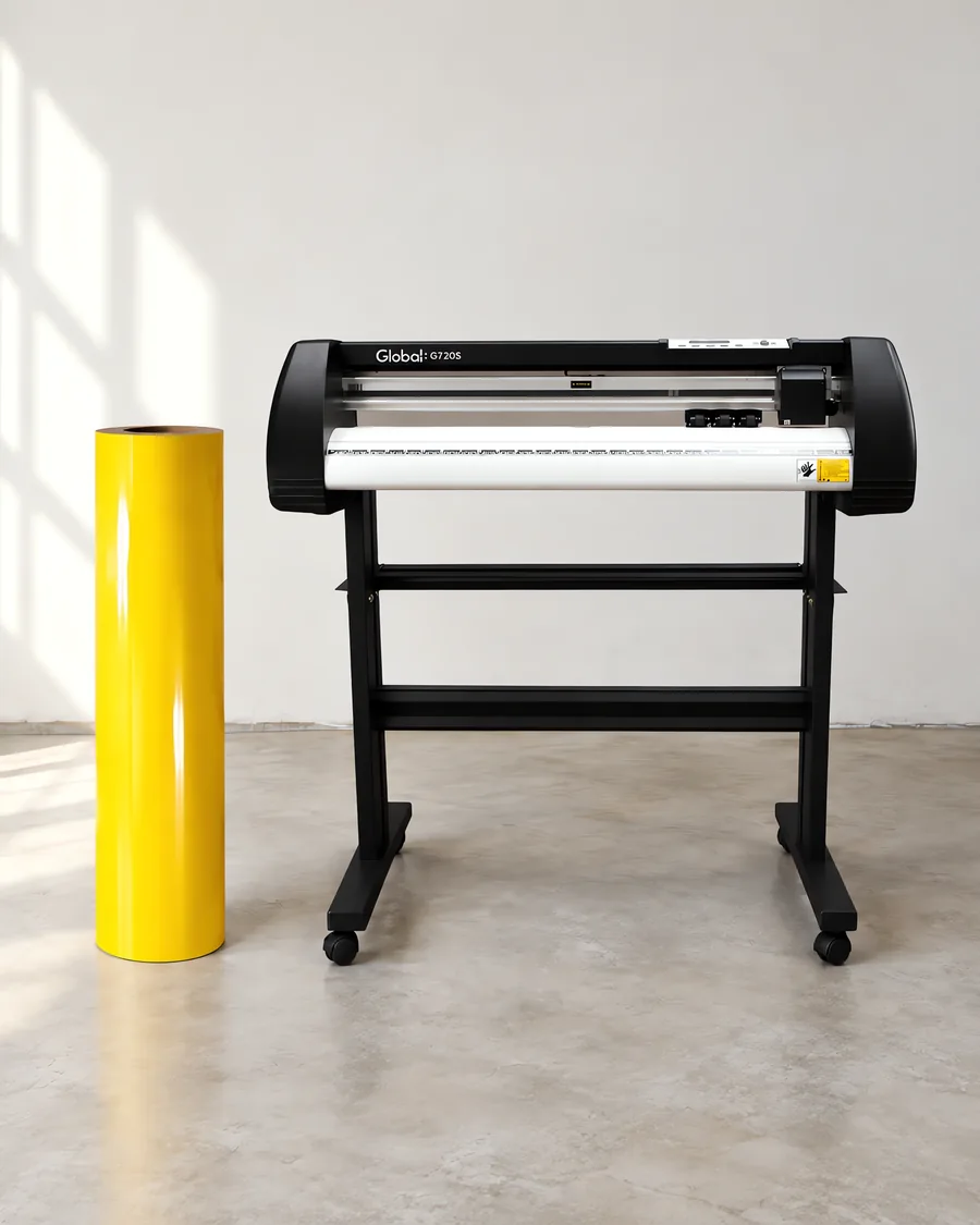 Rollo de vinilo de corte brillante, parado junto al plóter de corte
