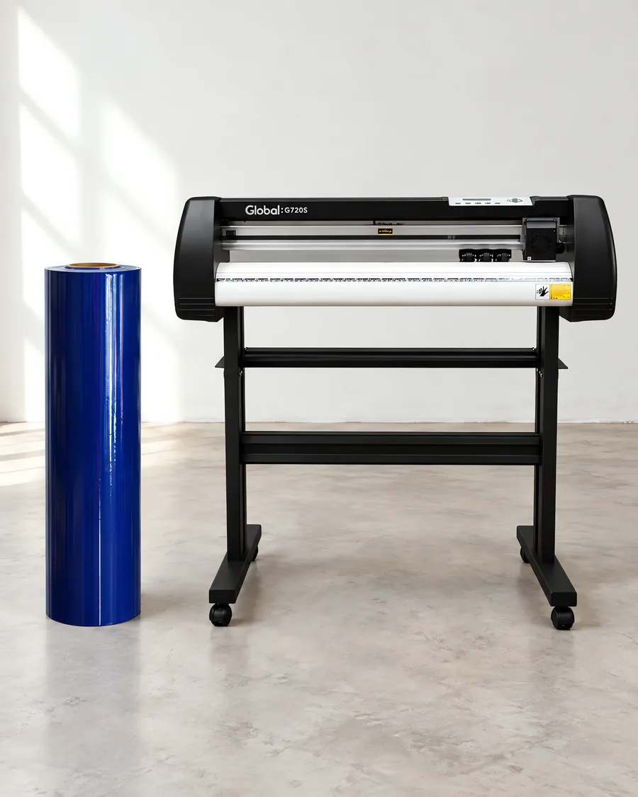 Rollo de vinilo de corte brillante, parado junto al plóter de corte