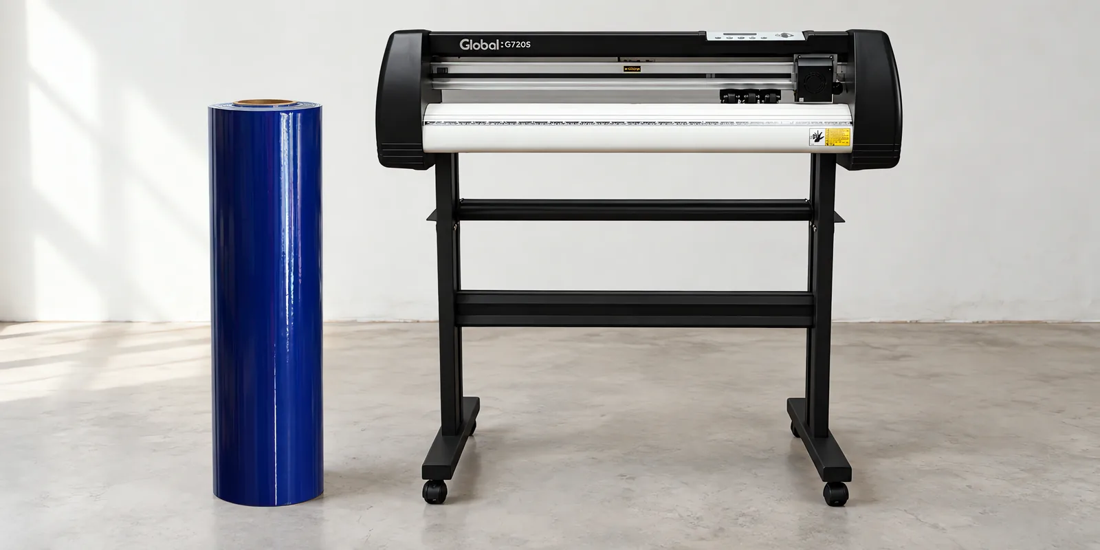 Rollo de vinilo de corte brillante, parado junto al plóter de corte