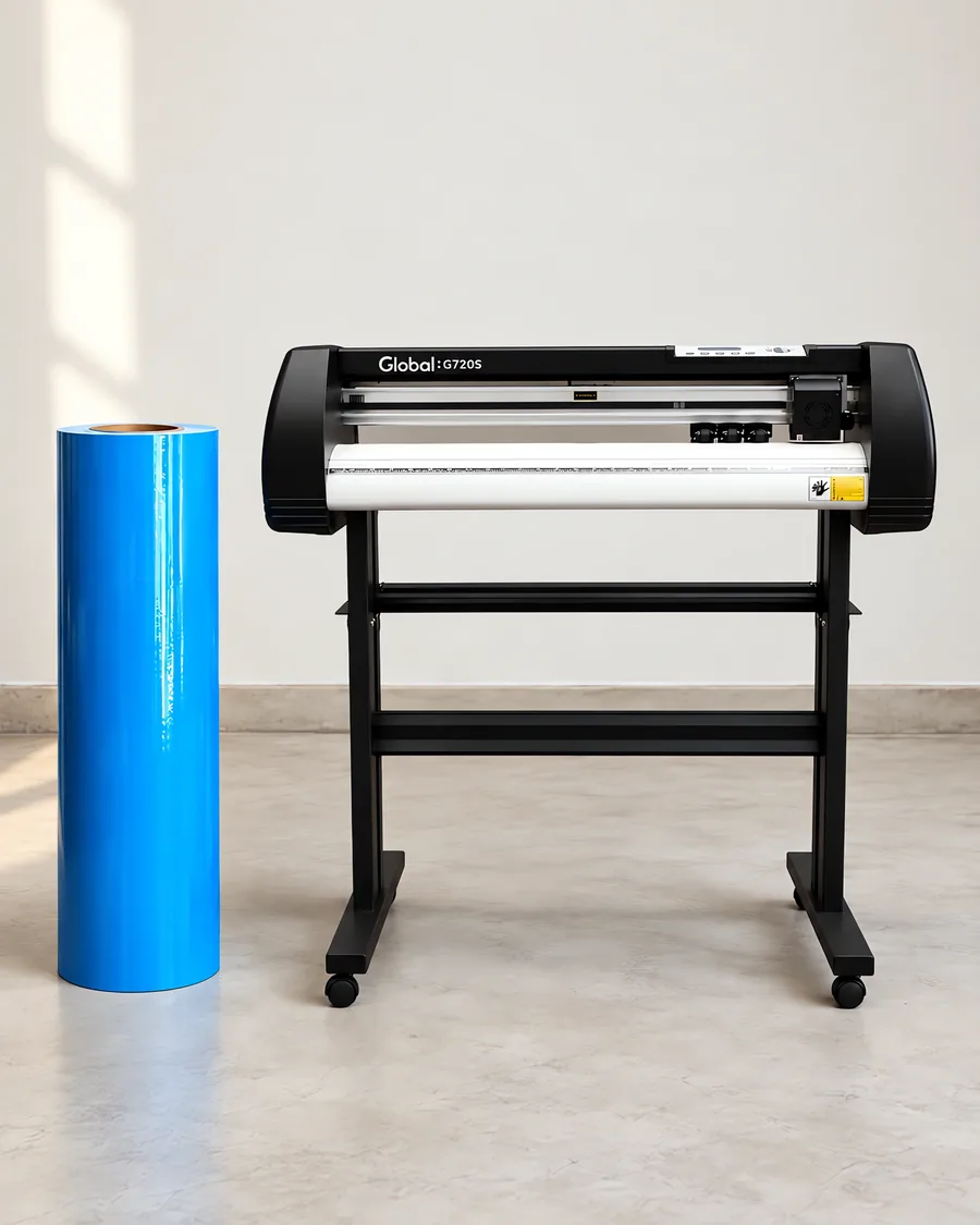 Rollo de vinilo de corte brillante, parado junto al plóter de corte