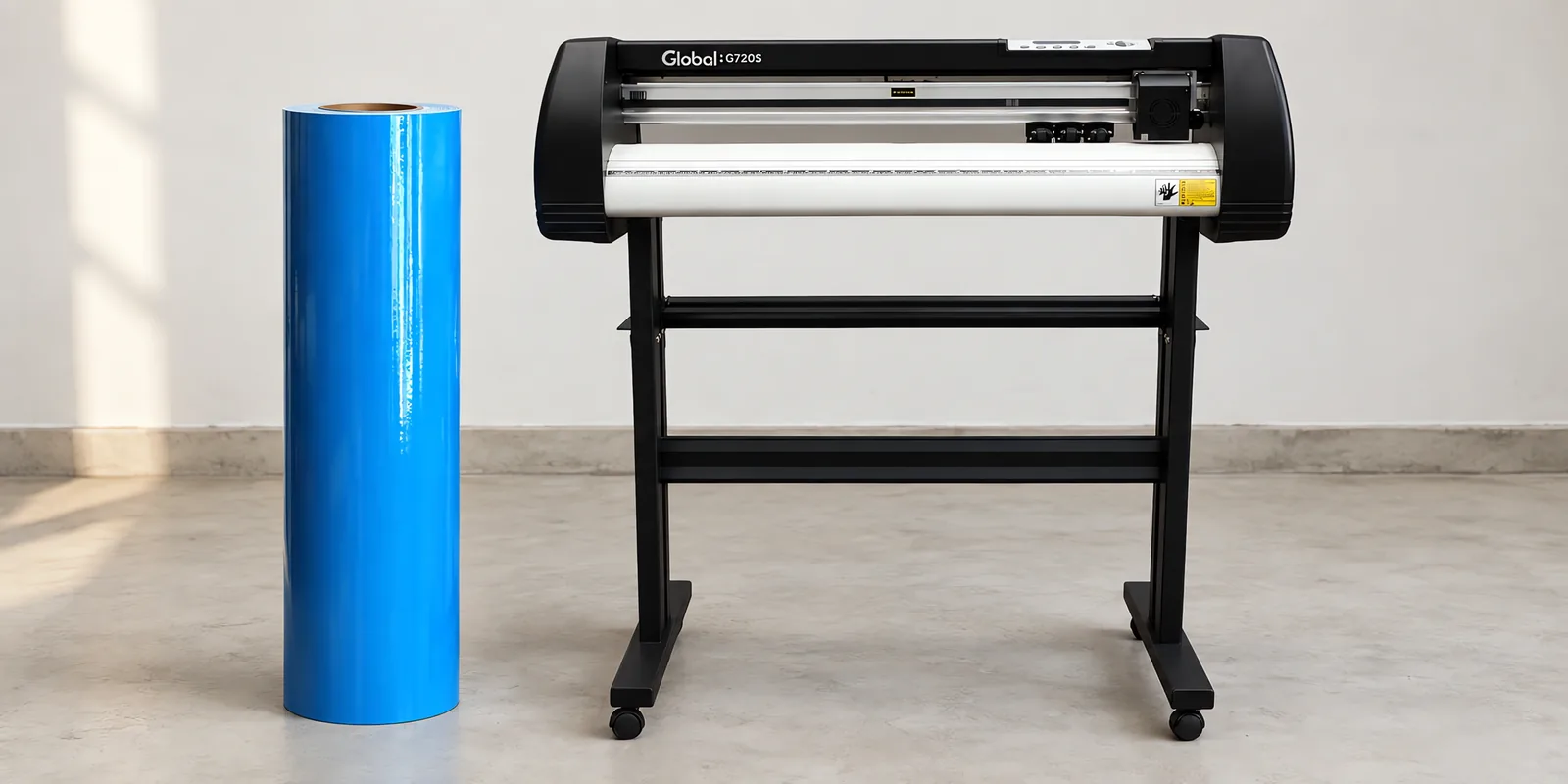 Rollo de vinilo de corte brillante, parado junto al plóter de corte