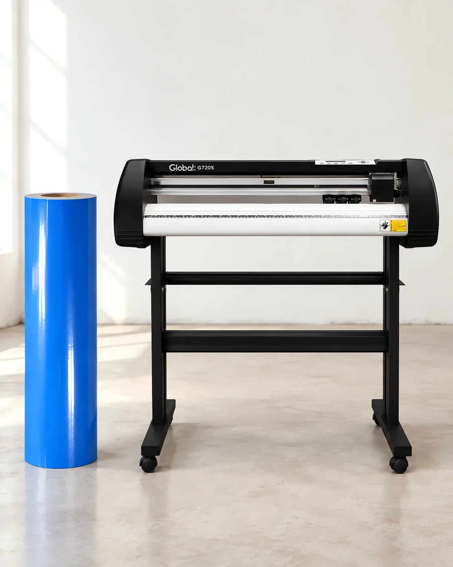 Rollo de vinilo de corte brillante, parado junto al plóter de corte