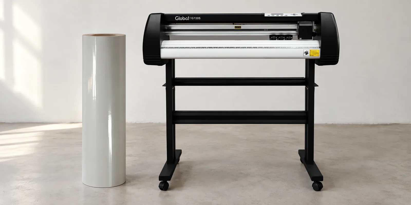Rollo de vinilo de corte brillante, parado junto al plóter de corte