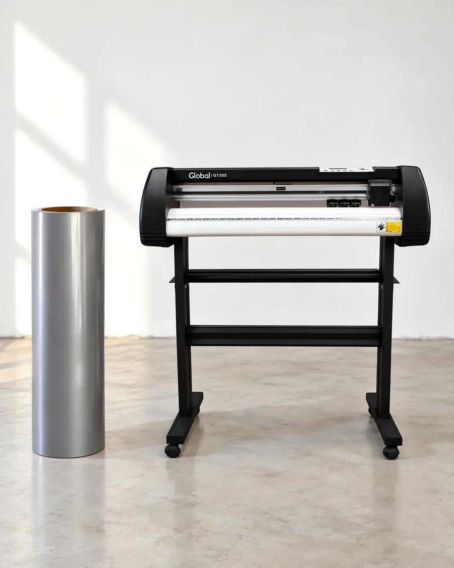 Rollo de vinilo de corte brillante, parado junto al plóter de corte