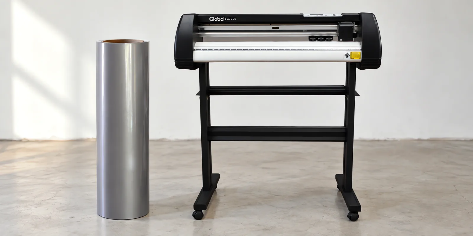Rollo de vinilo de corte brillante, parado junto al plóter de corte