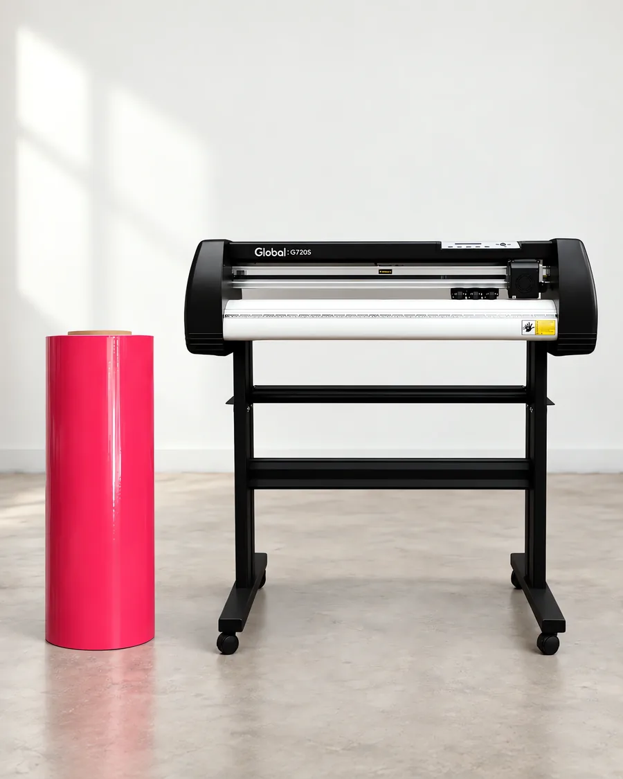 Rollo de vinilo de corte brillante, parado junto al plóter de corte