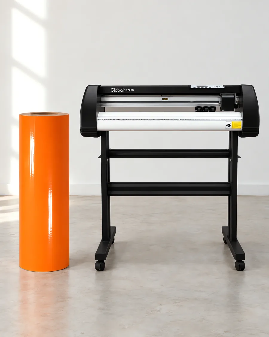 Rollo de vinilo de corte brillante, parado junto al plóter de corte
