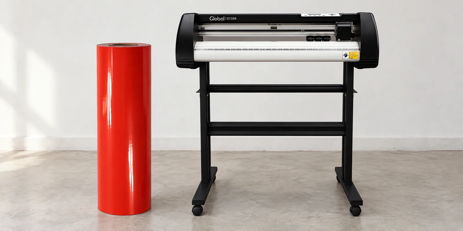 Rollo de vinilo de corte brillante, parado junto al plóter de corte