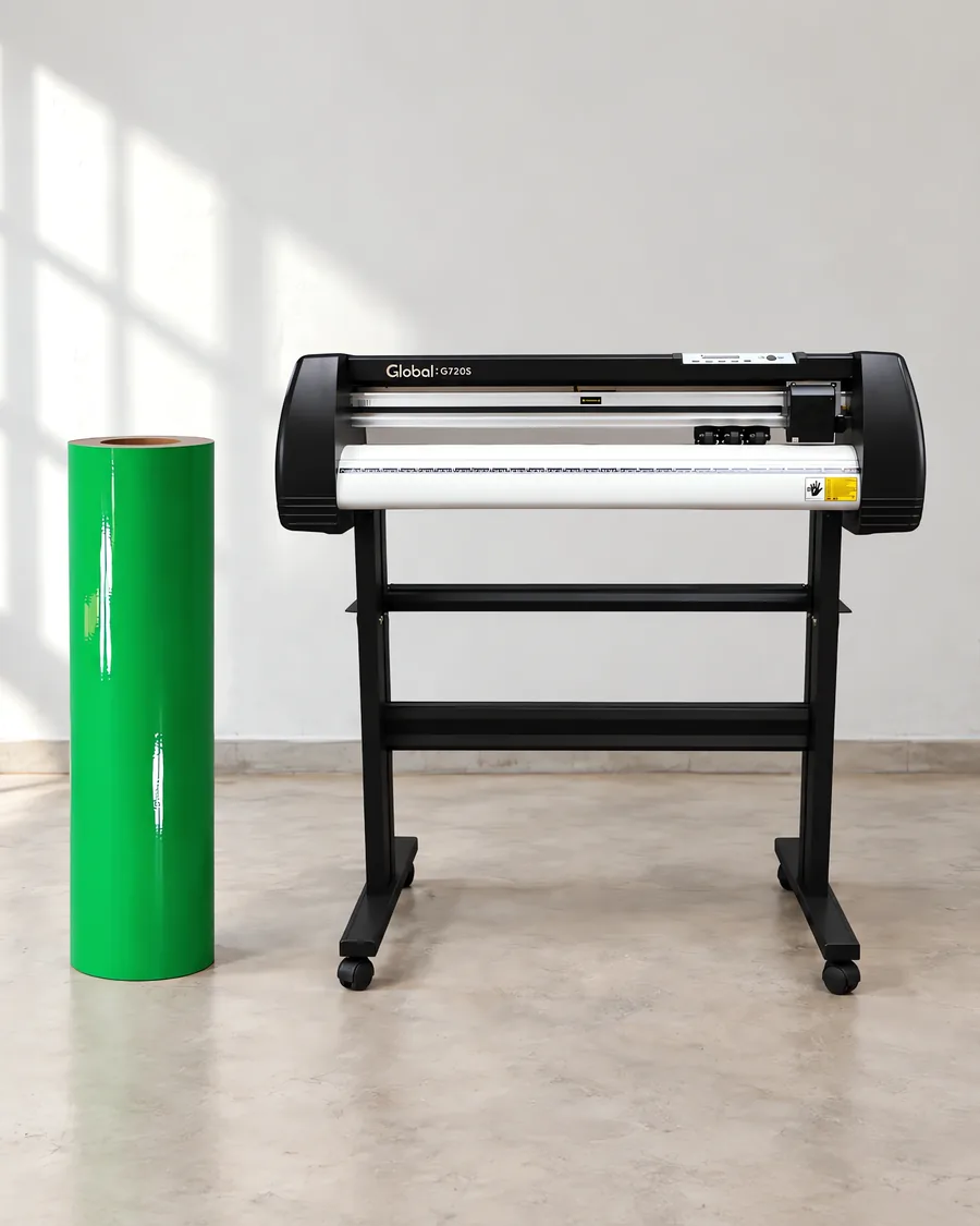 Rollo de vinilo de corte brillante, parado junto al plóter de corte