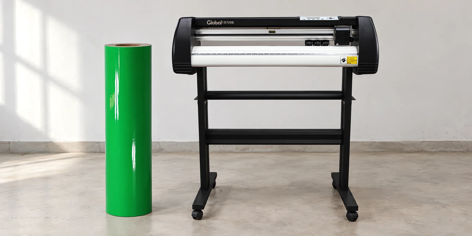 Rollo de vinilo de corte brillante, parado junto al plóter de corte