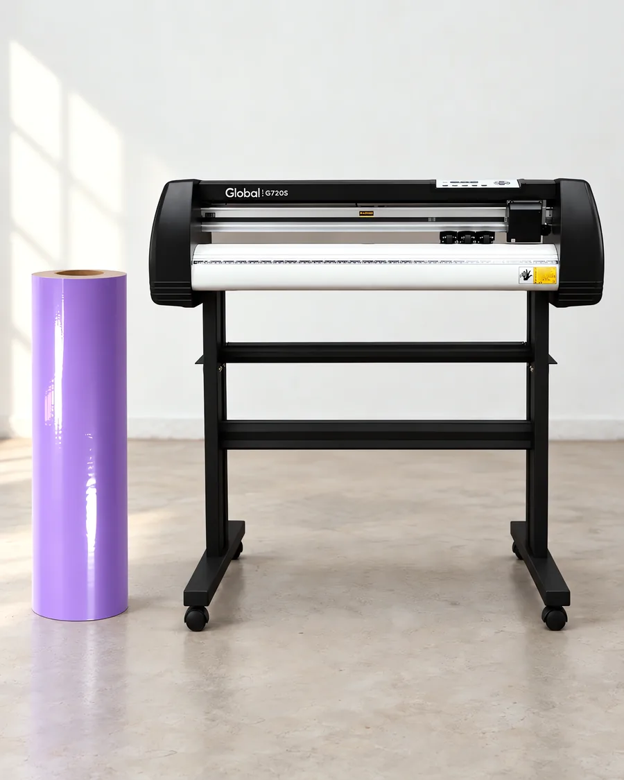 Rollo de vinilo de corte brillante, parado junto al plóter de corte