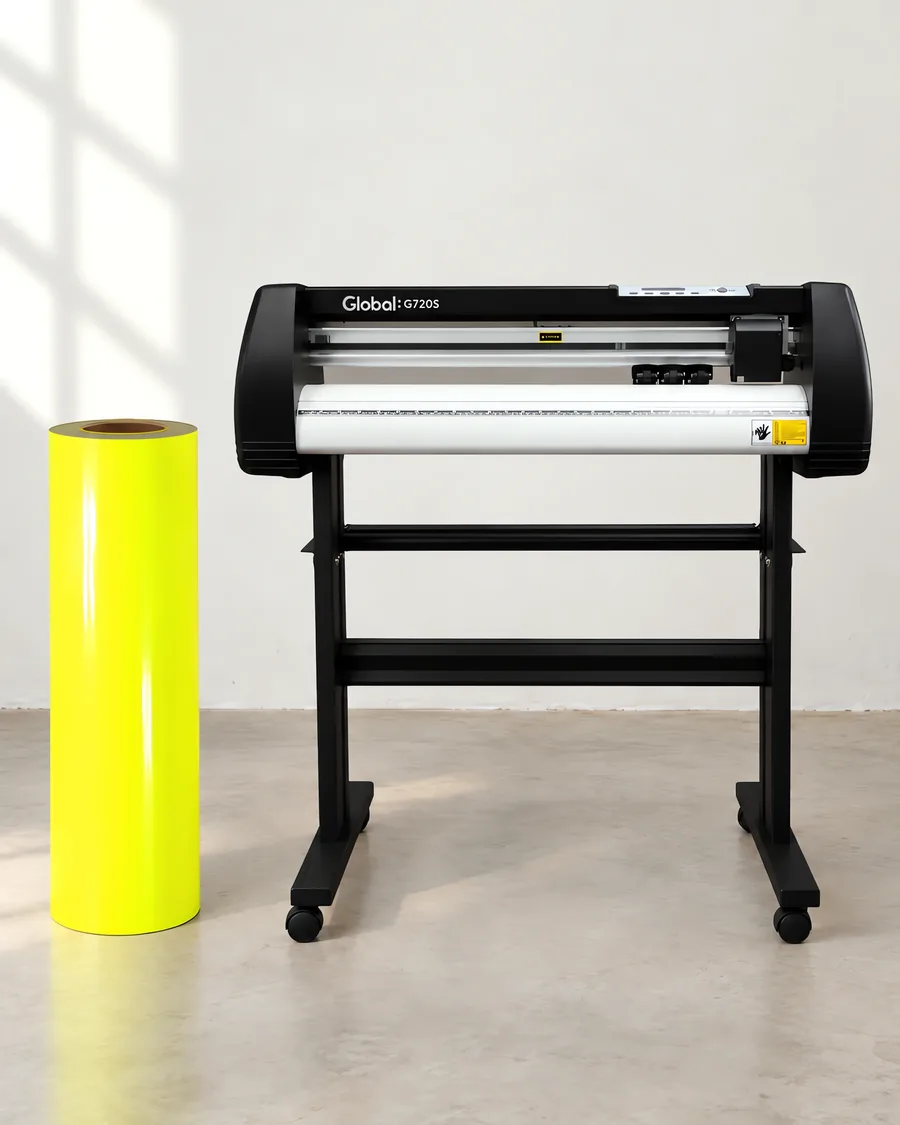Rollo de vinilo de corte fluo, parado junto al plóter de corte