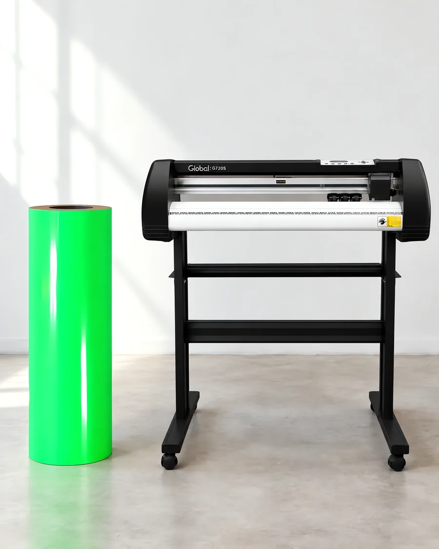 Rollo de vinilo de corte fluo, parado junto al plóter de corte