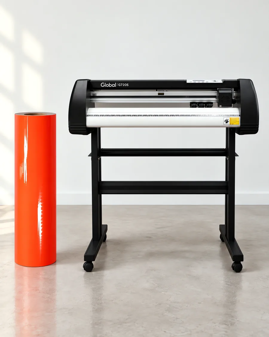Rollo de vinilo de corte fluo, parado junto al plóter de corte