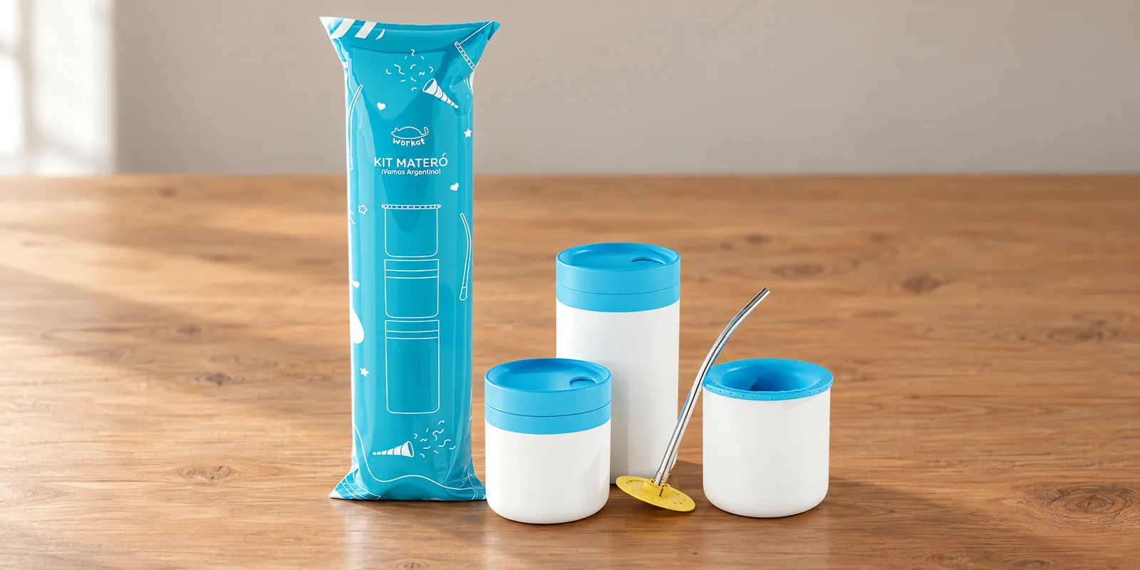 Kit matero de polímero sublimable blanco, sobre la mesa de trabajo