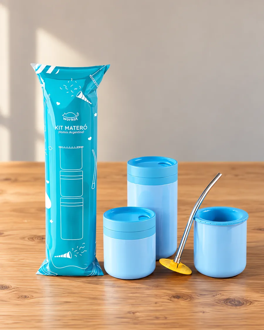 Kit matero de polímero sublimable celeste, sobre la mesa de trabajo