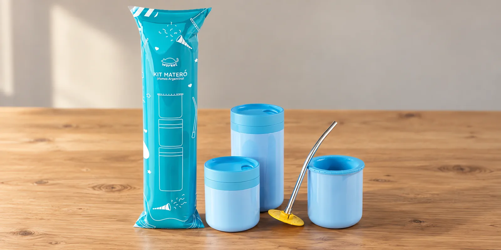 Kit matero de polímero sublimable celeste, sobre la mesa de trabajo